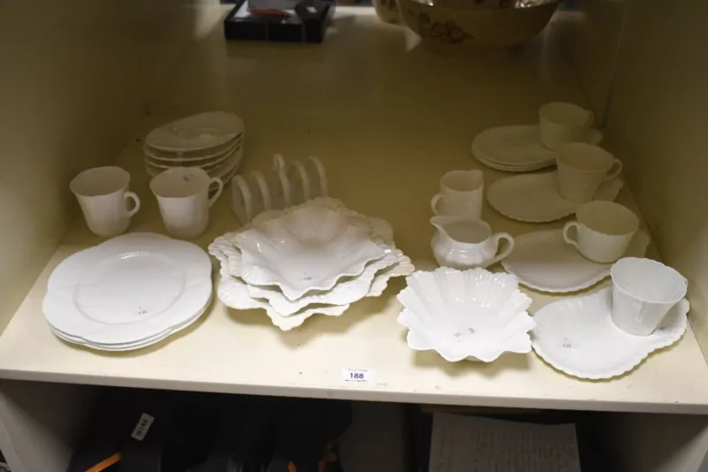A selection of 20th-century white Shelley bone china tableware, to feature four leaf-style graduated bowls