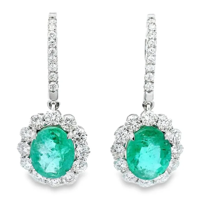 Earrings - 14 kt. White gold - 7.55ct. tw. Emerald - Diamond