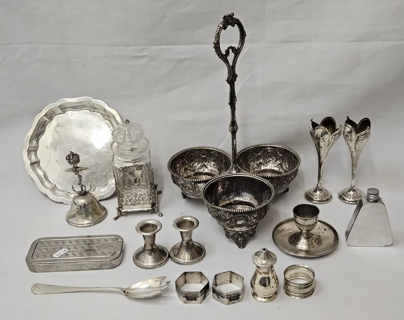 Silver Plated Triple Bowl Serving Stand, brass pickle jar & stand A/f to lid, small silver plated tray