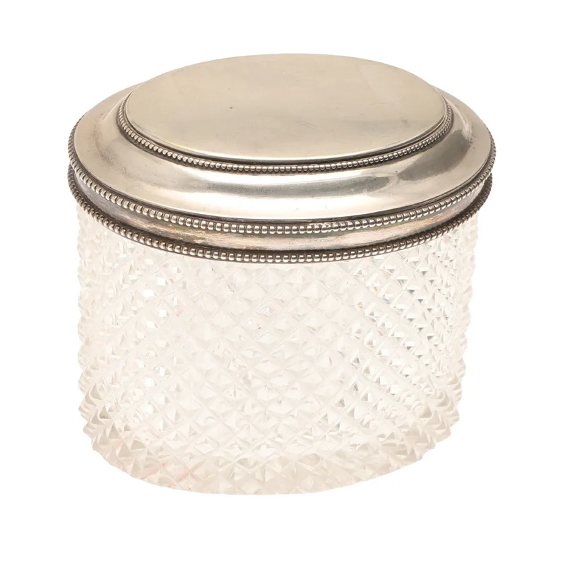 A Dutch Hinged Silver Lidded Cut Glass Dressing Table Box