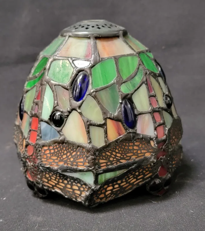 Small Tiffany Style Stained Glass Lampshade with colourful dragonfly motif, textured glass panels and blue jeweled cabochons