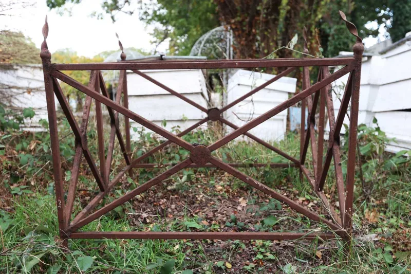 A wrought iron tree guard or square section of railing With X inset panels and spiralling finials