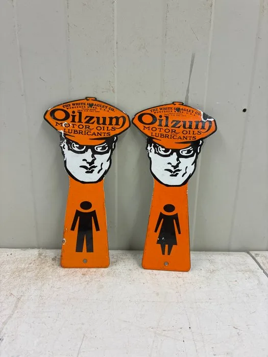 Vintage Oilzum restroom signs – metal advertising boards set – Petroliana – man cave / garage - Enamel sign - Enamel