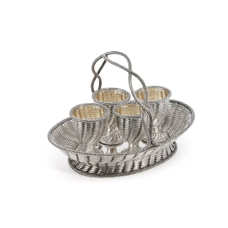 A Victorian Silver Egg Cruet by Robert Hennell III, London 1860, modelled as a basket