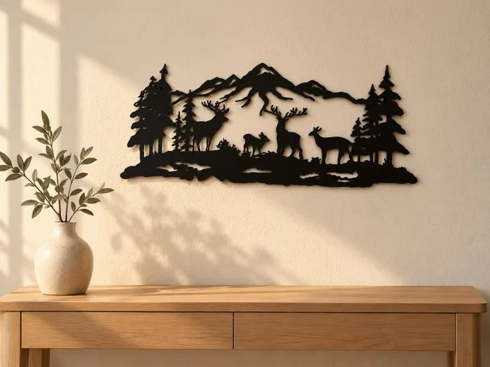 Relief, Moderne wanddecoratie Alpenlandschap met herten – Zwart metaal – 61 cm - 25 cm - Metal