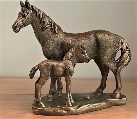 Sculpture, Bronze Effect Horse & Foal Figurine – Equestrian Decorative Sculpture - 15.5 cm - Resin, Bronze plated