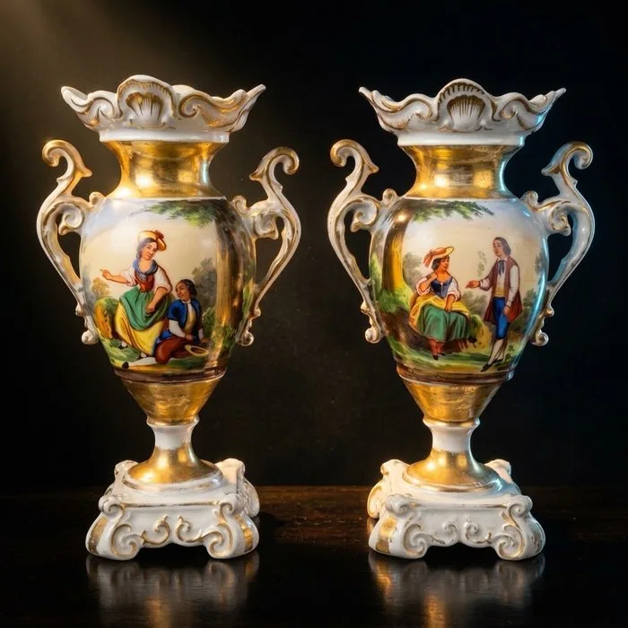 MANIFATTURA LUIGI FILIPPO XIX SECOLO - Double handled vase (2) - Crater vases, Old Paris, by Jacob Petit. - Hard-paste ceramic - Pair of crater-shaped vases