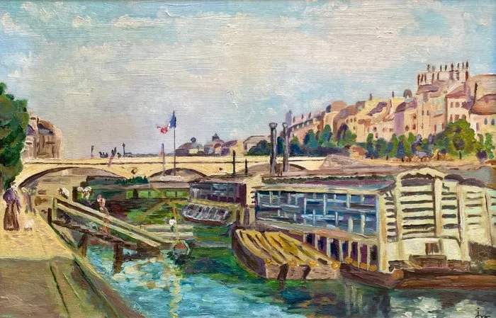 French school (XX) - Vue animée de la Seine à Paris