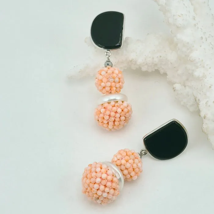 Coral - Silver - Earrings - PINK CORAL,ONYX