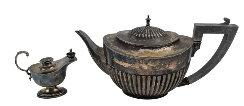 George V Hallmarked Silver Oil Lamp by Mappin & Webb & a Silver Plated Teapot