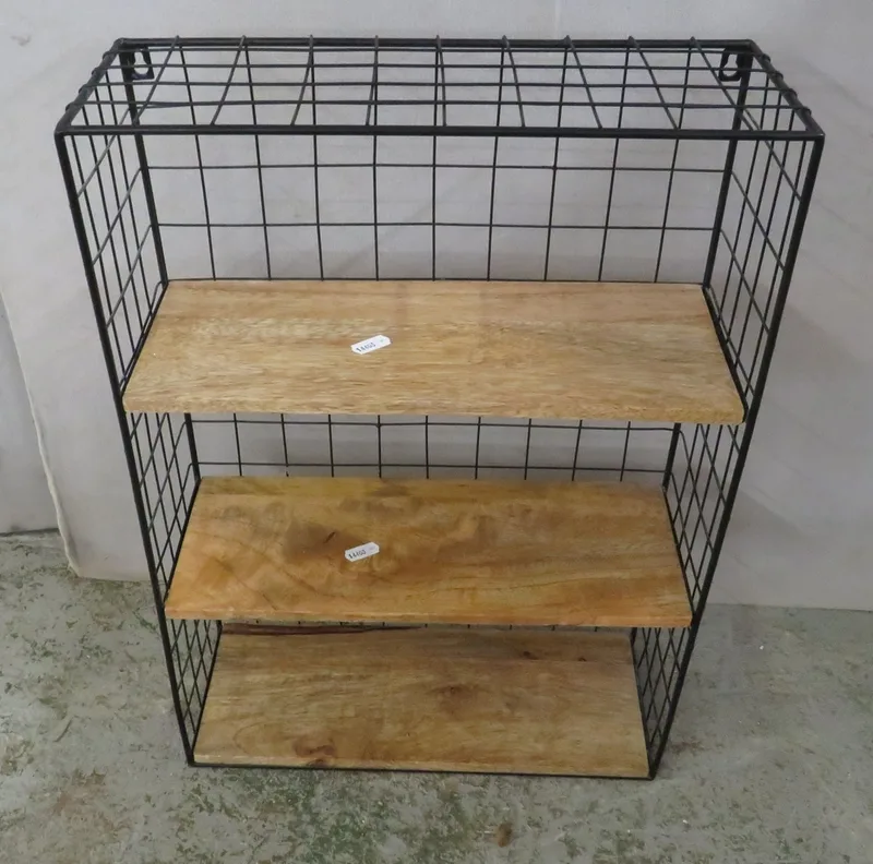 Black Wire Wall Hanging Shelving Unit, 3 internal oak shelves approx.