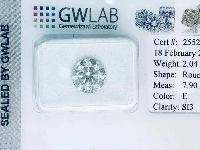 1 pcs Diamond (Natural) - 2.04 ct - Round - E - SI3 - Gemewizard Gemological Laboratory (GWLab) - ( NATURAL VG/VG/VG )