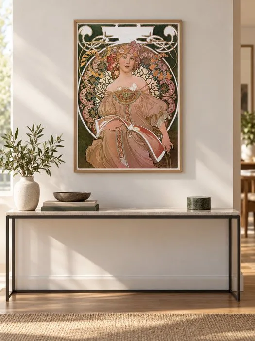 Alphonse Mucha (after) - Manifesto Art Nouveau con figura femminile e motivi floreali - 1970s