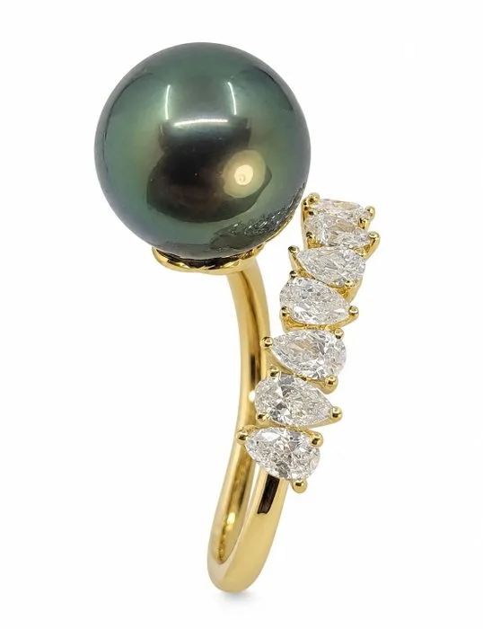 Ring - 18 kt. Yellow gold - 0.93ct. tw. Diamond (Natural) - Pearl - 12mm Tahiti Pearl