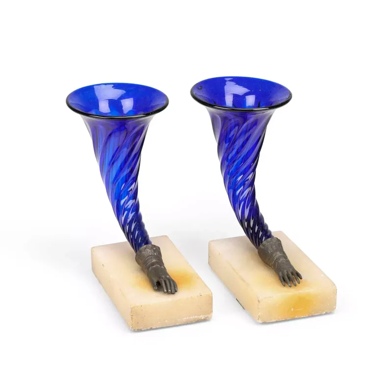 A Pair Of Blue Glass Cornucopia Vases late 19th or early 20th Century, each of flaring horn form in cobalt blue glass moulded with wrythen ribbing