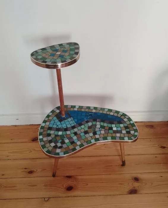 Side table - Stone, Wood, Brass - Mosaic side table / kidney-shaped table