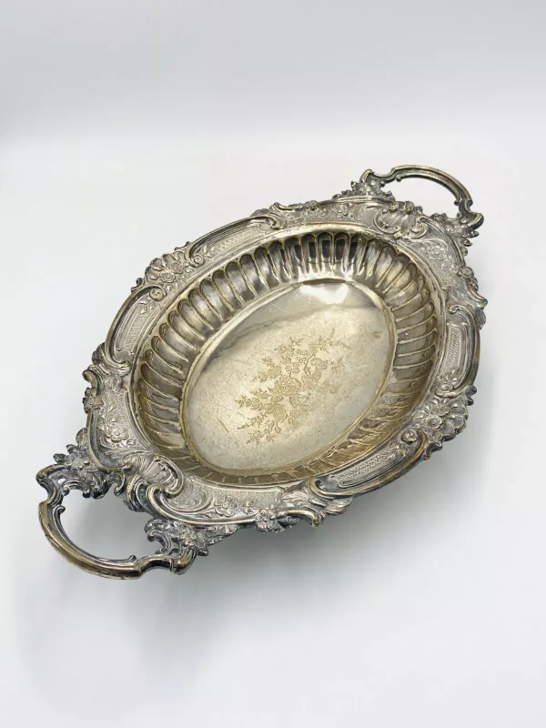 A two handled continental silver dish with inscription to base, marked 875, 407g