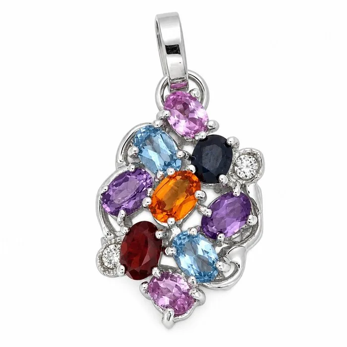 Pendant - 14 kt. White gold, Aquamarine - pink sapphires - Amethyst - blue sapphire - Garnet - Diamonds - 4.05ct. tw. - Handmade - Made in Italy
