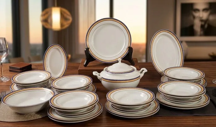 Limoges - Table service for 12 (41) - 24kt gold, marbled porcelain - Full service