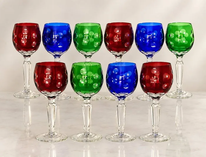 Multi coloré ancienne - 10 Grandes verres Roemer taillées - Wine glass (10) - Crystal, Glass