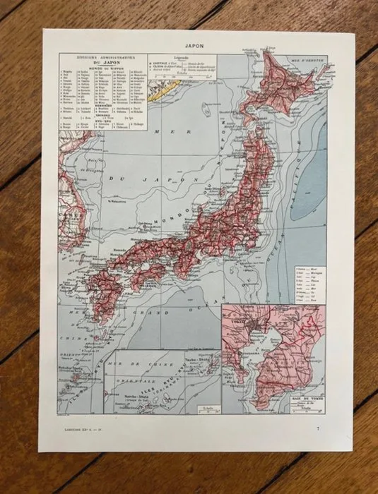 Unknown artist - Carte géographique originale du Japon et de la baie de Tokyo (années 1950) - Cartographie vintage