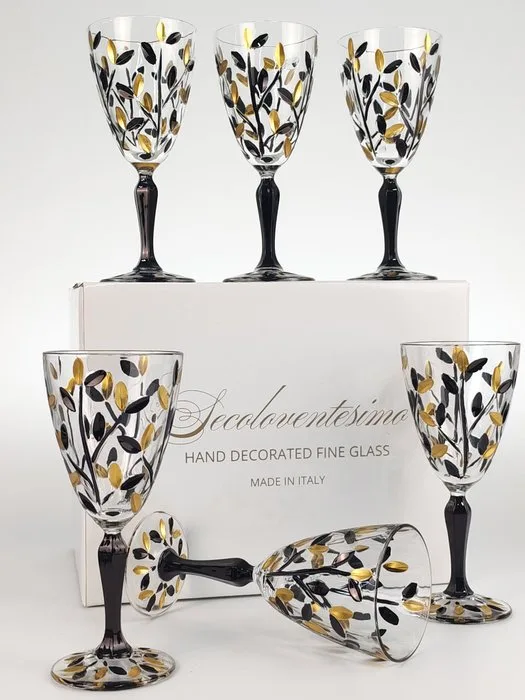 Secoloventesimo - Chalice (6) - Leaves black golden chalice - Enamel, Crystal - NO-lead Crystal