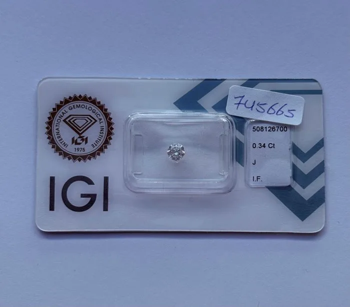 1 pcs Diamond (Natural) - 0.34 ct - Round - J - IF - International Gemological Institute (IGI) - Ex Ex Ex None