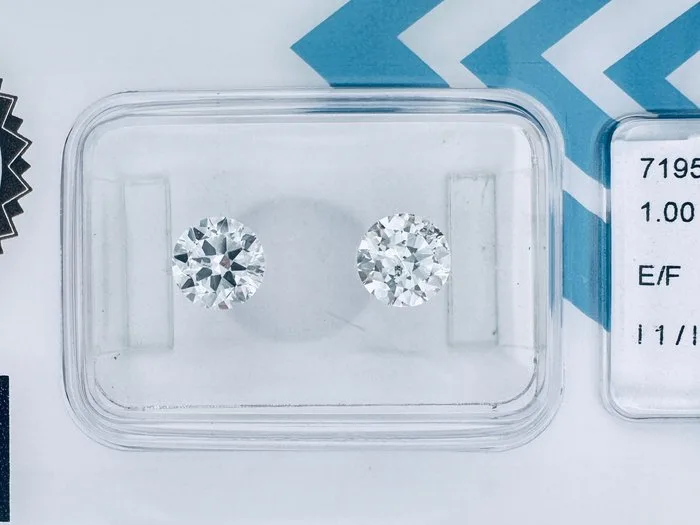 2 pcs Diamond (Natural) - 1.00 ct - Round - E, F - I1 - International Gemological Institute (IGI) - (STUNNING MATCHING PAIR )