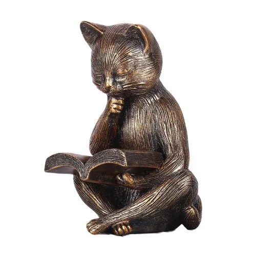 Sculpture, Antique Style Cat Reading Figurine – Bronze Look Resin Sculpture - 16.2 cm - Resin, Bronze