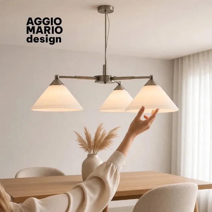 Lampadario Vintage a 3 Bracci "Eclisse di Luce" in Vetro Opalino e Acciaio Satinato di Aggio Mario - Hanging lamp - Steel