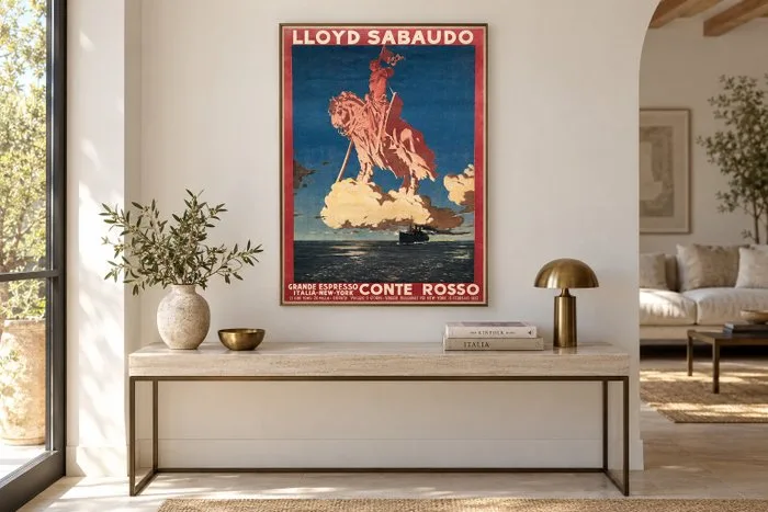 Anonymous - Lloyd Sabaudo “Conte Rosso” – Manifesto pubblicitario marittimo – Transatlantico Italia–New York - 1970s