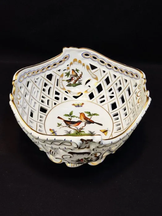 Herend - Dish - 7388/RO runde Korbschale/Korbschüssel durchbrochen gearbeitet Rothschild mit Goldstaffage - Porcelain