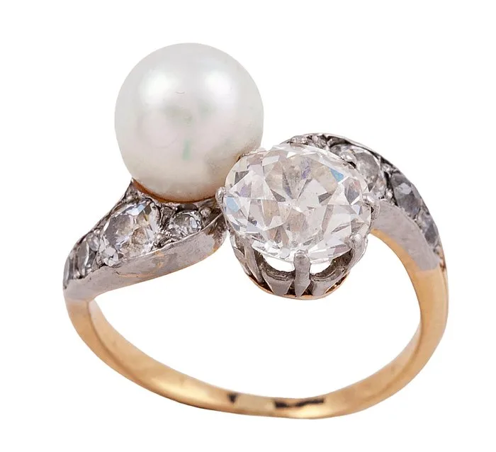 Ring - 18 kt. Yellow gold, Platinum - 1.94ct. tw. Pearl - Diamond - Ring "You and I"