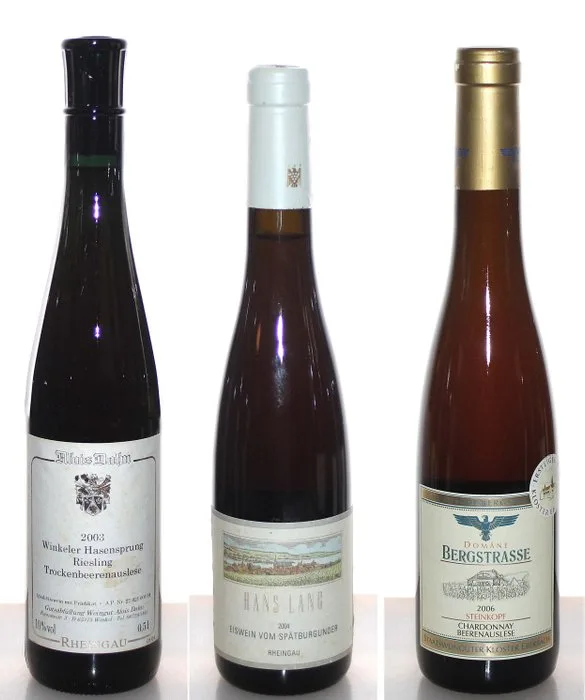 2003 + 2004 + 2006 Trockenbeerenauslese + Eiswein + Beerenauslese Versteigerungswein - Kloster Eberbach - Rheingau, Hessische Bergstraße Winkeler Hasensprung, Hattenheimer Hassel, Heppenheimer Steinkopf - Riesling + Spätburgunder + - 3 Flaschen (0,5 l + 0,375 l)