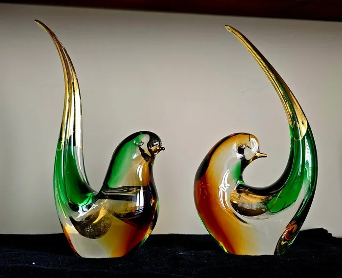 Murano - Attr. Rubelli di Vetri d’Arte - 30 cm - Sculpture, Set van 2 vogels - Zeldzaam - 30 cm - Murano glass - 1960
