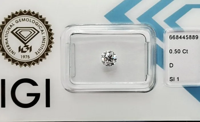 1 pcs Diamond (Natural) - 0.50 ct - Round - D (colourless) - SI1 - International Gemological Institute (IGI)