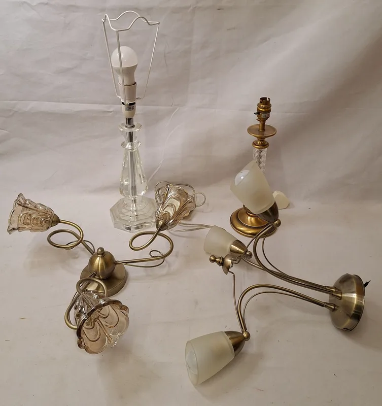 Acrylic Faceted Lamp Base, similar brushed brass with barley twist acrylic column & 2 antique glass ceiling lights (1 Box)