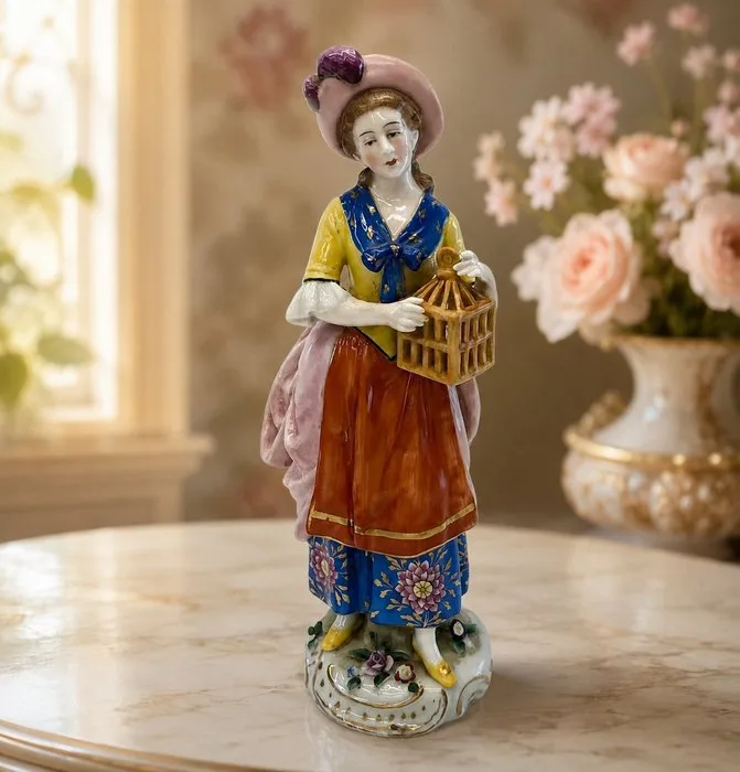 Decoratief porseleinen damesbeeld met vogelkooi – Chelsea-stijl – ca. 25 cm - Figurine - Dame met vogellenkooo - Porcelain