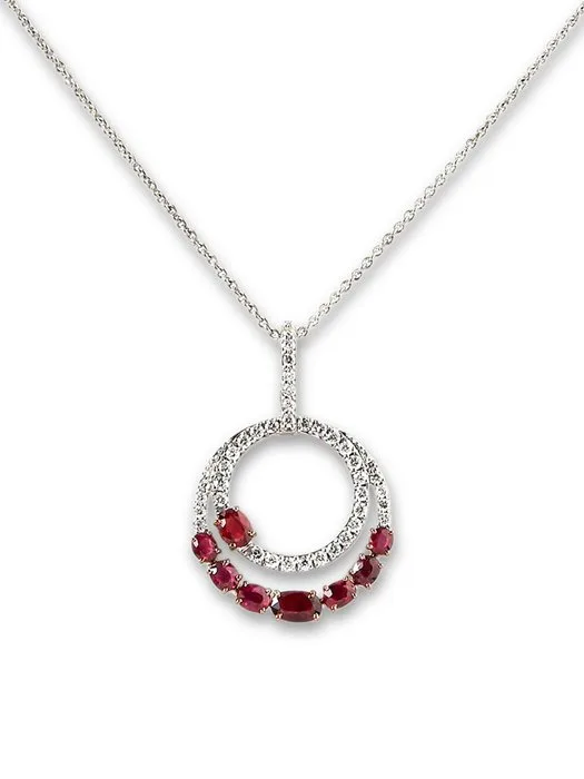 Necklace - 14 kt. White gold - 1.57ct. tw. Ruby - Diamond - Non Heat Natural Rubies