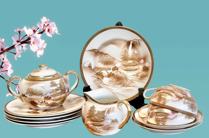 Mount FujI Nihon • Rare Vintage - Tea cup set (11) - Eggshell - 24 K Gold Stunning Set