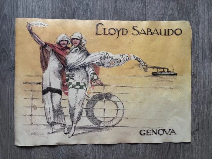 Anonymous - Manifesto pubblicitario Lloyd Sabaudo Genova con scena di viaggio in nave - 1970s