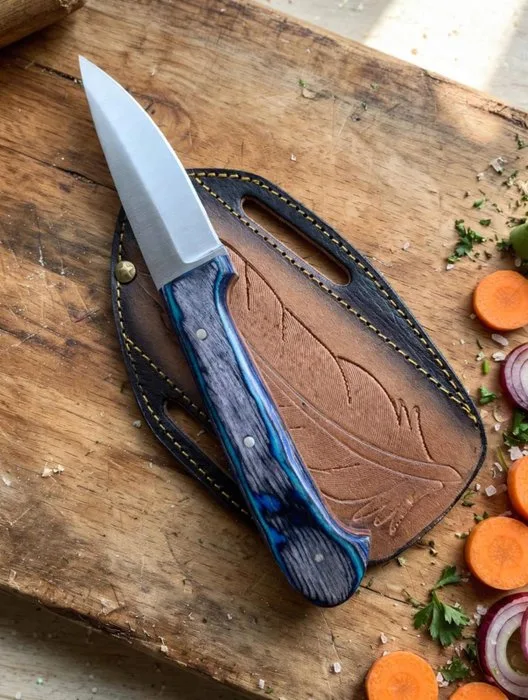 Kitchen knife - Utility knife - SDF-405-Hand forged knife-high polish stainless steel blade-full tang-handle pakka wood-with leather - Steel, Wood, Leather, Resin - Asia - handcrafted knife