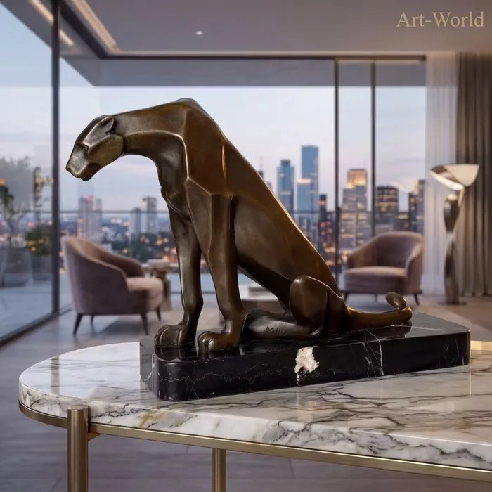 Statue, Exclusief bronzen sculptuur van een panther. 34.5 cm. Naar: Milo - 24.5 cm - Bronze, Marble