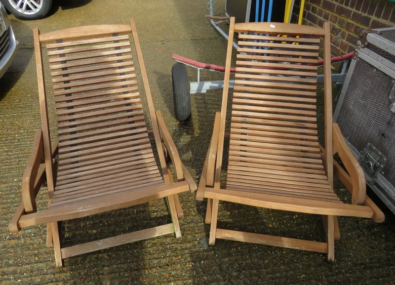 Pair Wooden Slatted Deckchairs (2)