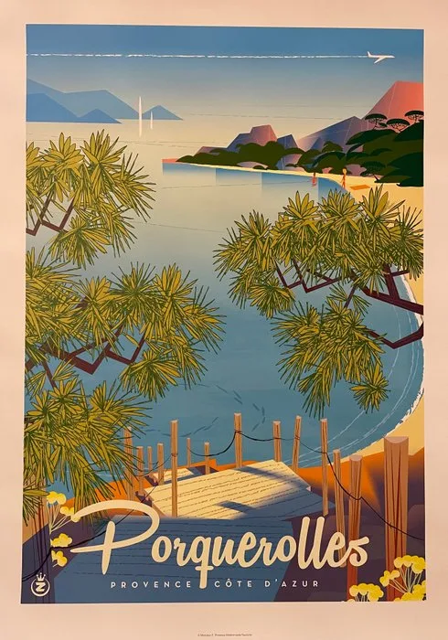 Monsieur Z - Affiche de Tourisme "Porquerolles - La Plage de Notre-Dame (bleue)"