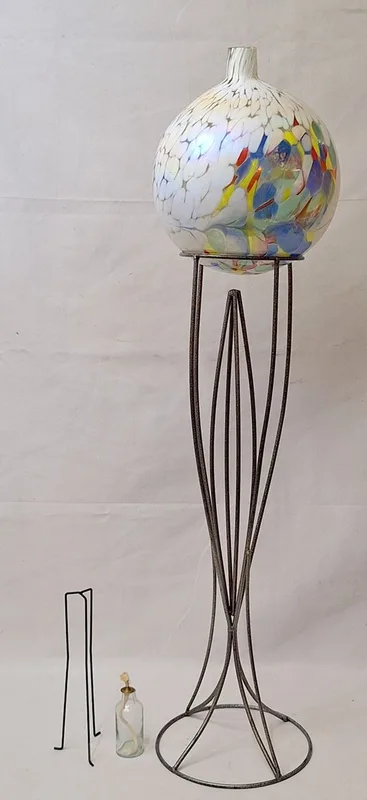 Floor Standing Oil lamp with large hand blown glass shade, mottled blue, red, yellow & white on metal stand Stand