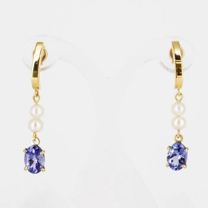 Earrings - 18 kt. Yellow gold Tanzanite - Pearl