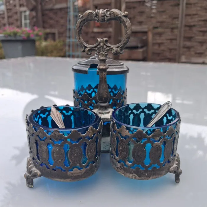 WMF / Geislingen - Cruet set - Spice Ménage: Historicism around 1880 - Silverplated, Cobalt glass