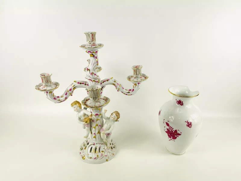 Two items to include a good quality large 'Herend' porcelain four branch candelabra decorated with cherubs and gilt highlights