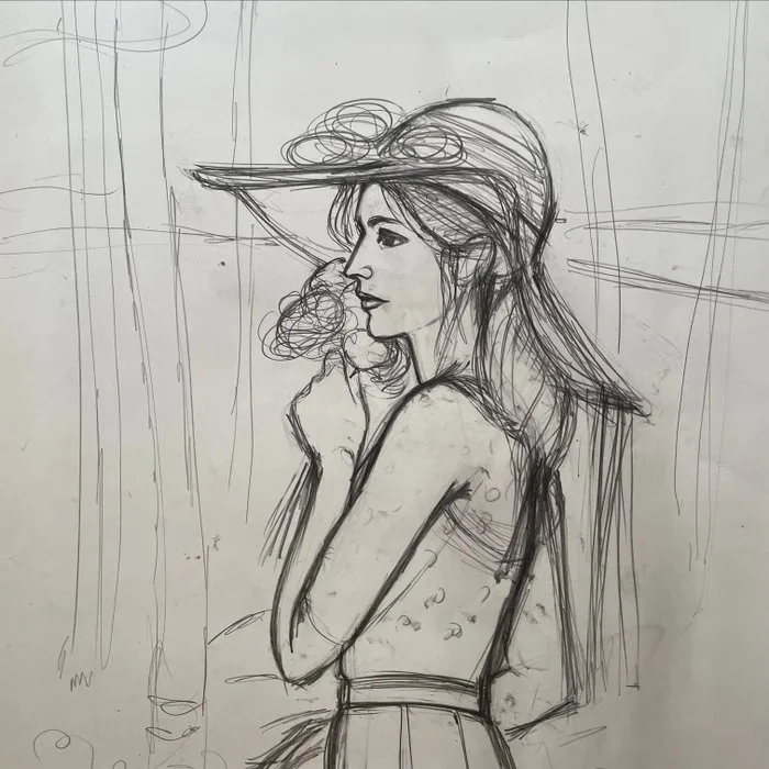 Yves Ganne (1931-2019) - Élégante au chapeau et bouquet de fleurs (vendu